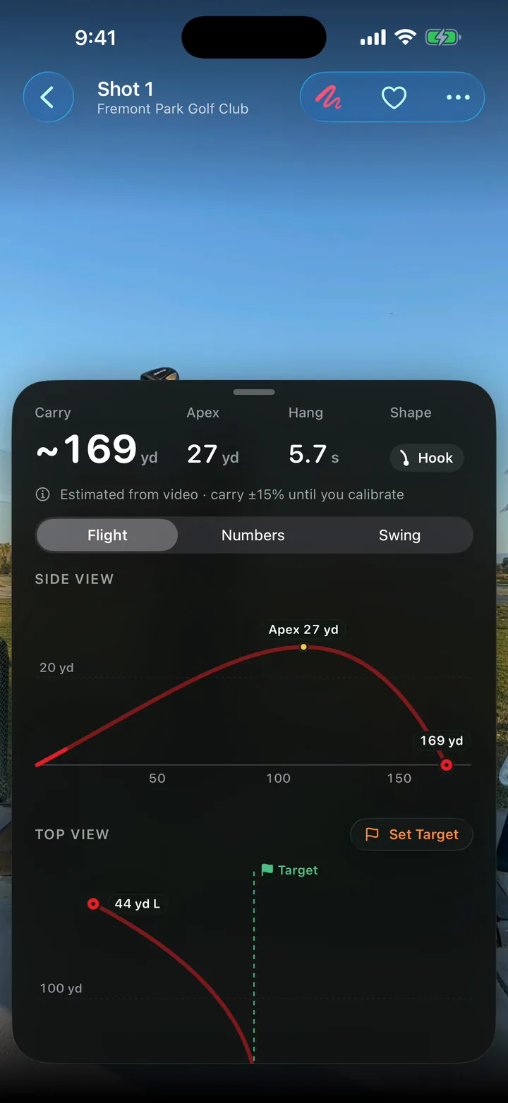 The Flight panel for the Fremont Park shot: a side view peaking at 27 yards and landing at 169, and a top view curving 44 yards left
